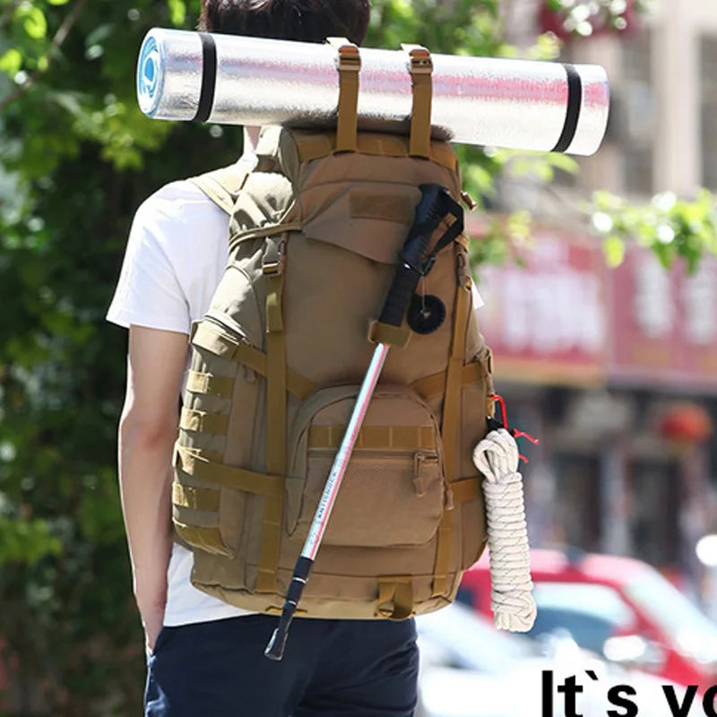 60L Tactical Camping Backpack Waterproof Khaki Backpacks - Tophatter Daily Deals