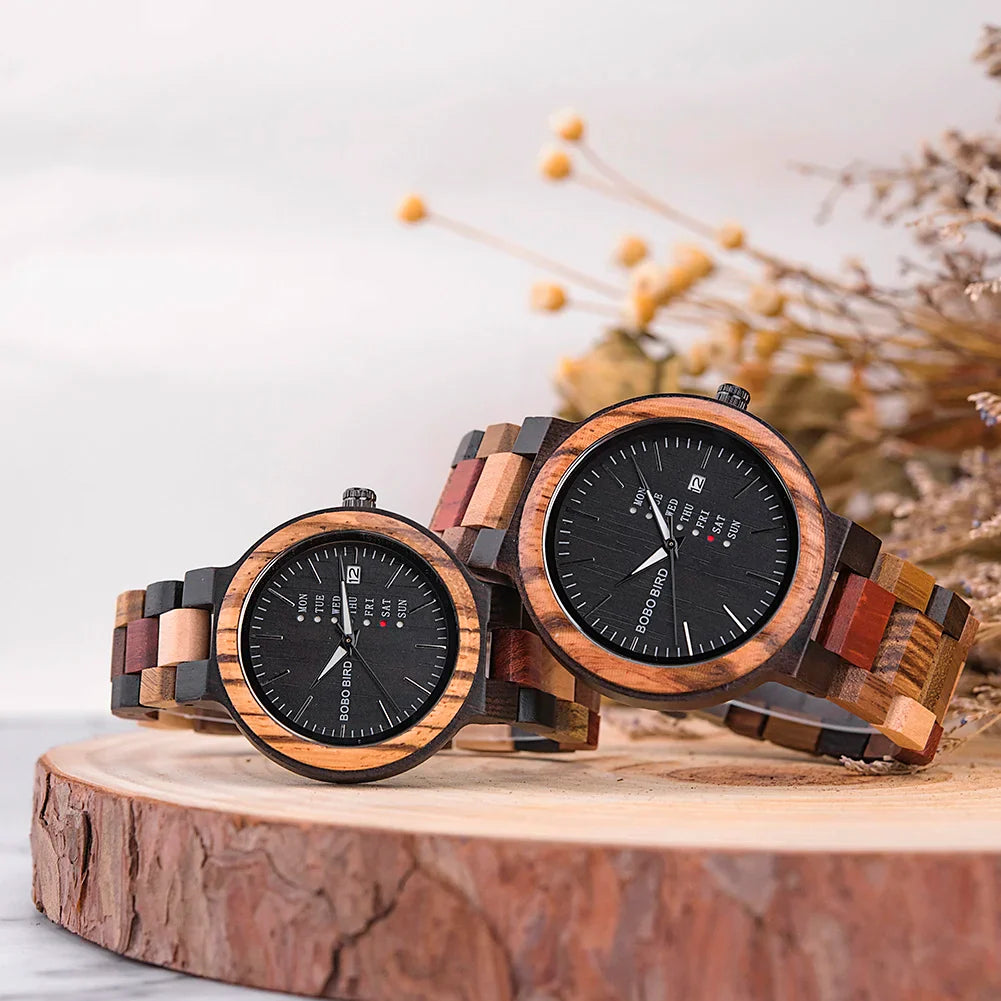 Wooden Couple Watches Handmade Quartz Date Unisex Display - Tophatter Daily Deals