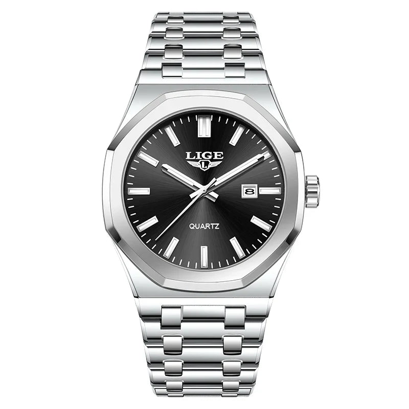 Quartz Watch Stainless Steel Waterproof Luminous Wristwatch Silver black - Tophatter Daily Deals