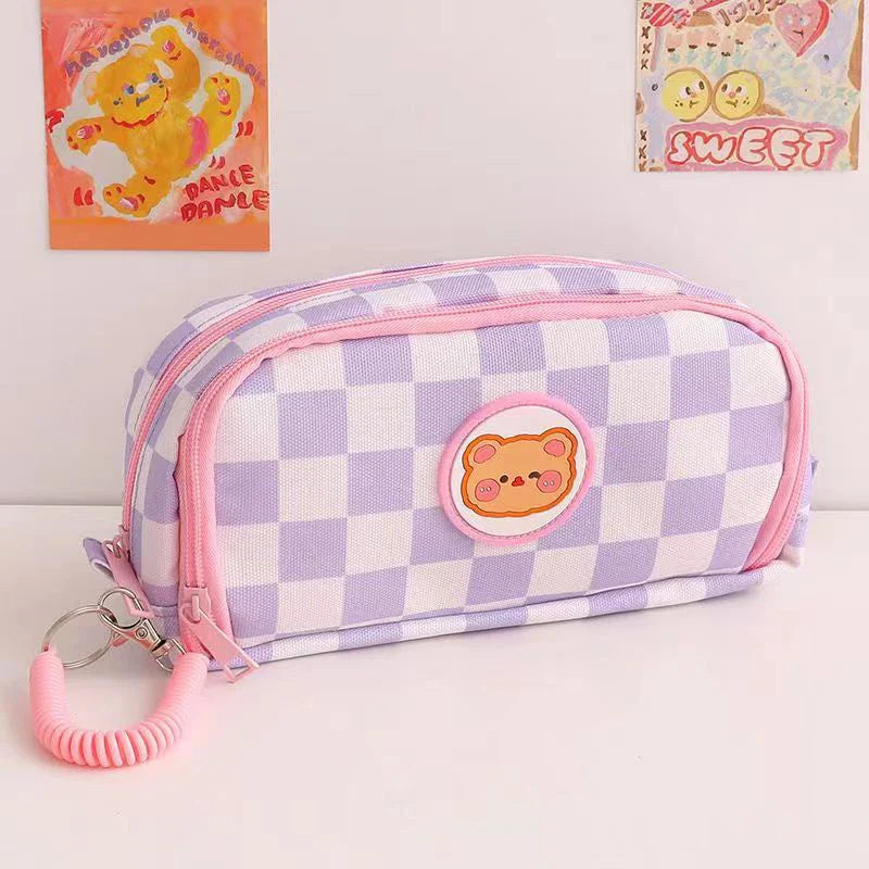 Kawaii Checkerboard Pencil Case Large Capacity Pink x Lilac Animals - Tophatter Daily Deals