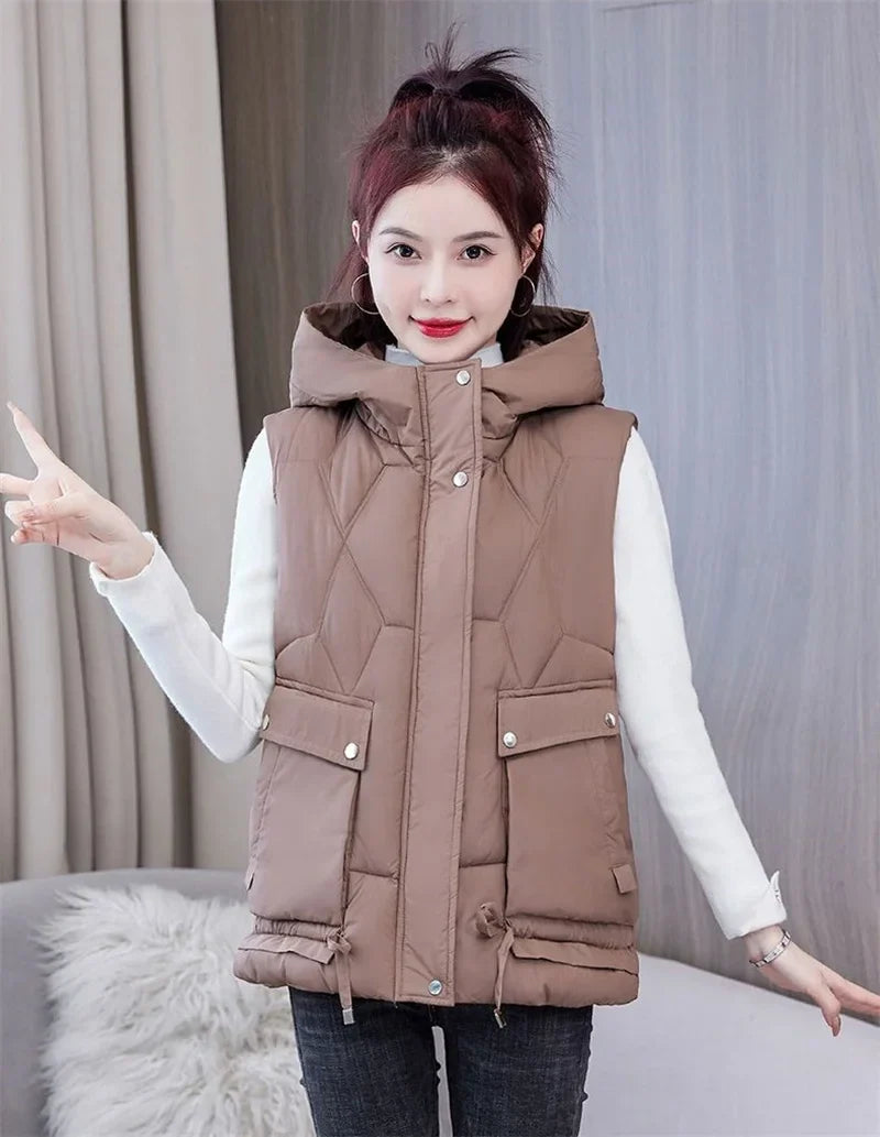 Warm Cozy Women Puffer Vest - Hooded Midlength, Winter - Tophatter Daily Deals