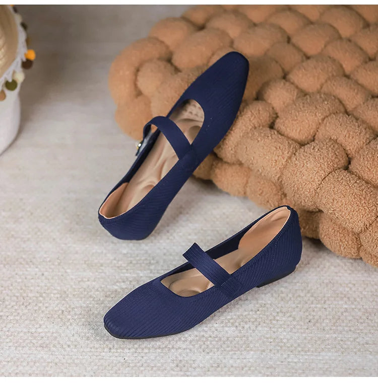Stretchy Women Mary Jane Flats - Ribbed Knit For Spring Royal Blue - Tophatter Daily Deals