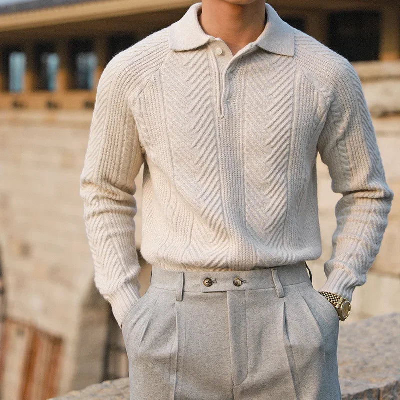 Warm Refined Men's Polo Sweater - Relaxed Cut, Knit, Winter Beige - Tophatter Daily Deals
