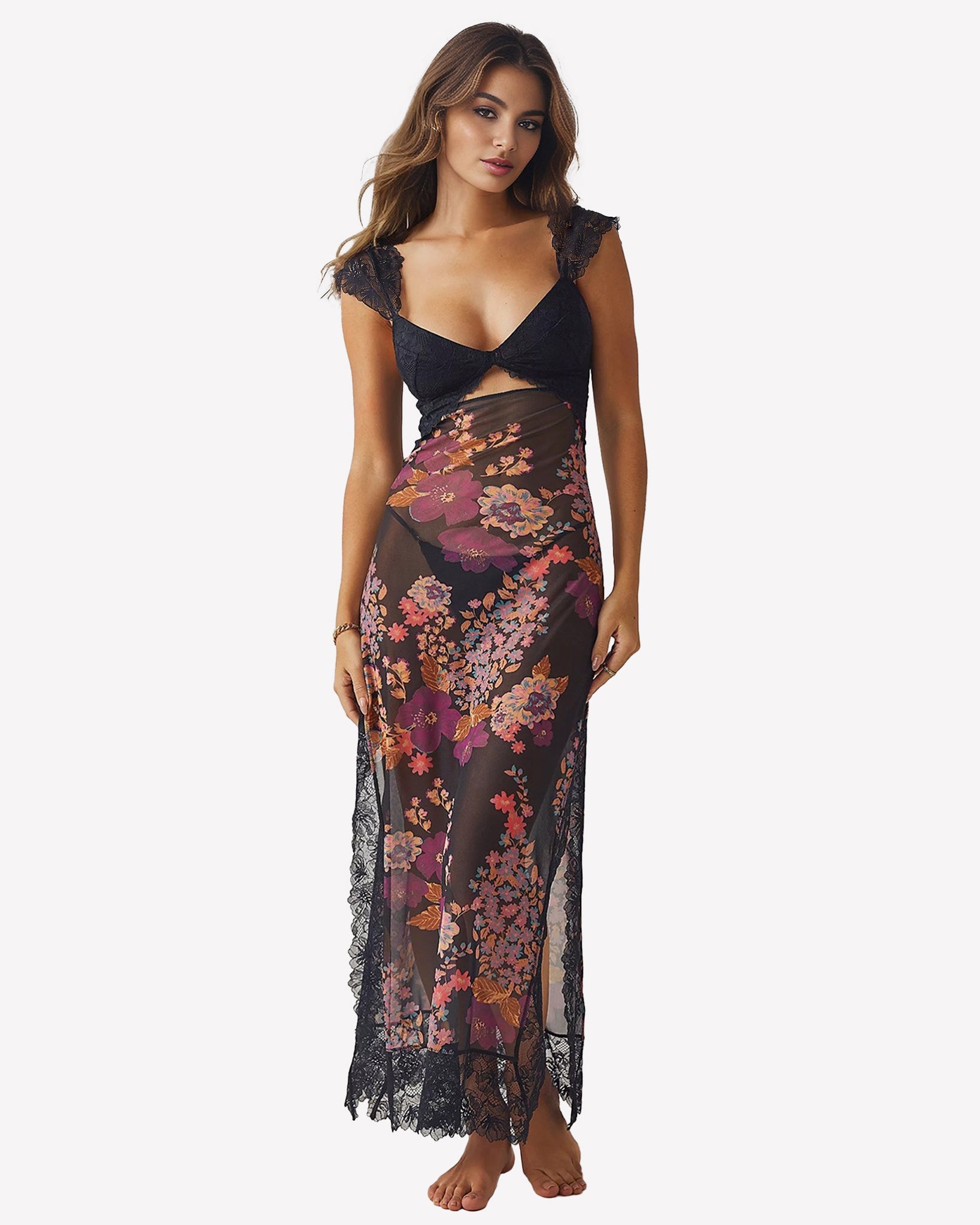 Hollow Floral Maxi Slip Slit Dress Black Avidlove-Nightgown - Tophatter Daily Deals