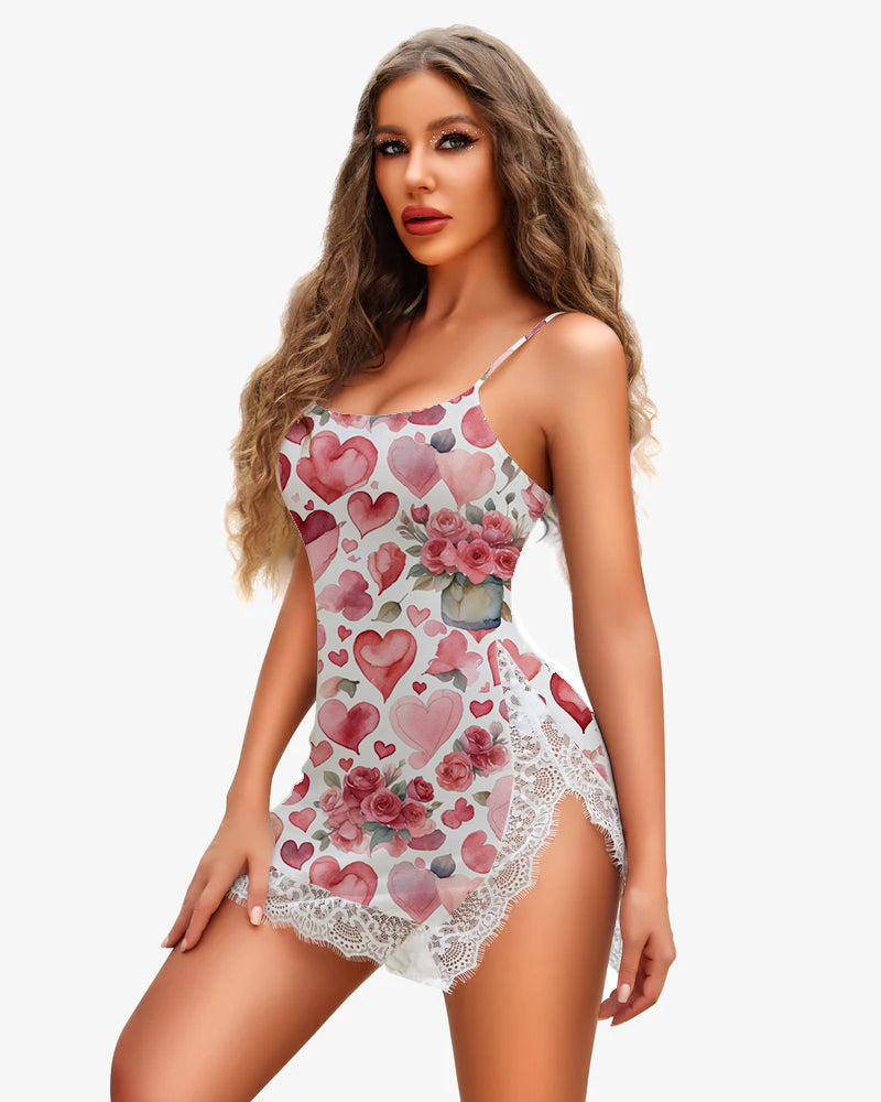 Heart Rose Strap Lace Side Slit Mini Dress Pink Avidlove-Chemises - Tophatter Daily Deals