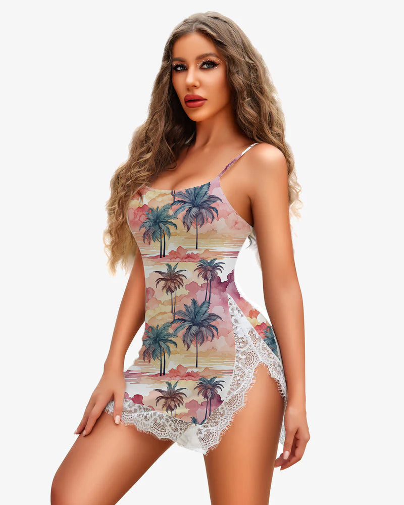 【S】Sunset Palm Trees Lace Side Slit Dress Pink S Avidlove-Chemises - Tophatter Daily Deals