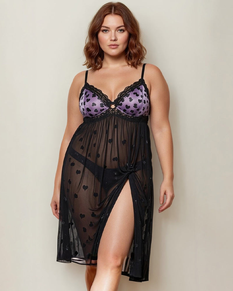 Plus Size Heart Sheer Lace Mid-Dress Black Avidlove-Plus Size-Nightgown - Tophatter Daily Deals