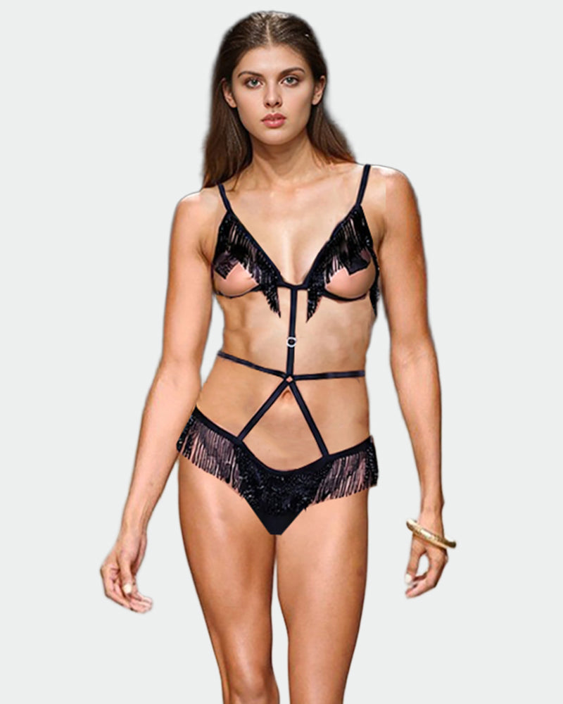 Beaded Fringe Outvert Bodysuit Black Avidlove-Bodysuits - Tophatter Daily Deals