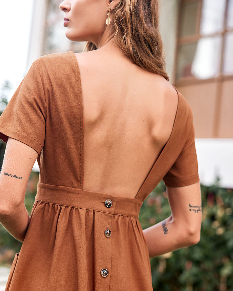 Open Back Button Midi Dress Caramel Midi Dresses - Tophatter Daily Deals