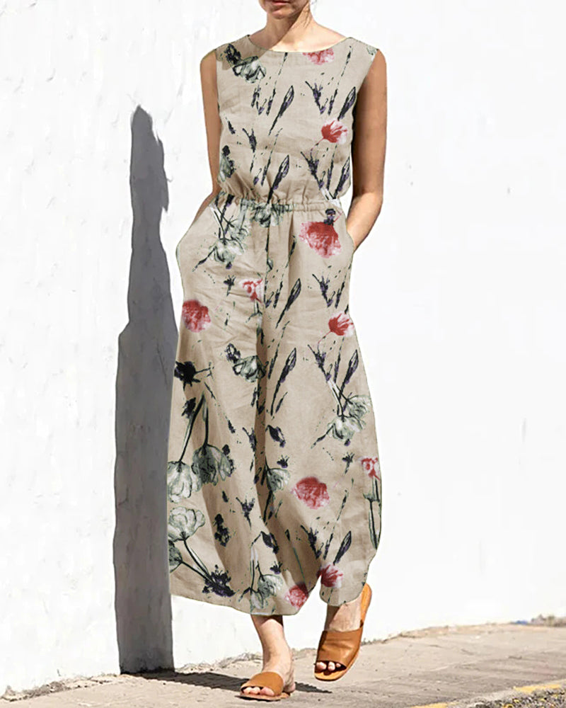 Printed Wide Leg Long Jumpsuit Apricot Jumpsuits & Rompers - Tophatter Daily Deals