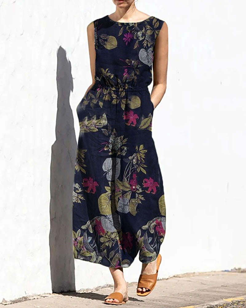 Printed Elastic Waist Jumpsuit Navy blue Jumpsuits & Rompers - Tophatter Daily Deals