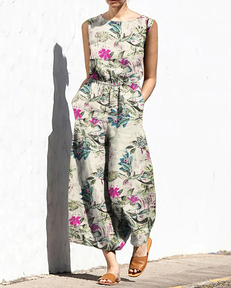 Printed Elastic Waist Jumpsuit Purple Jumpsuits & Rompers - Tophatter Daily Deals
