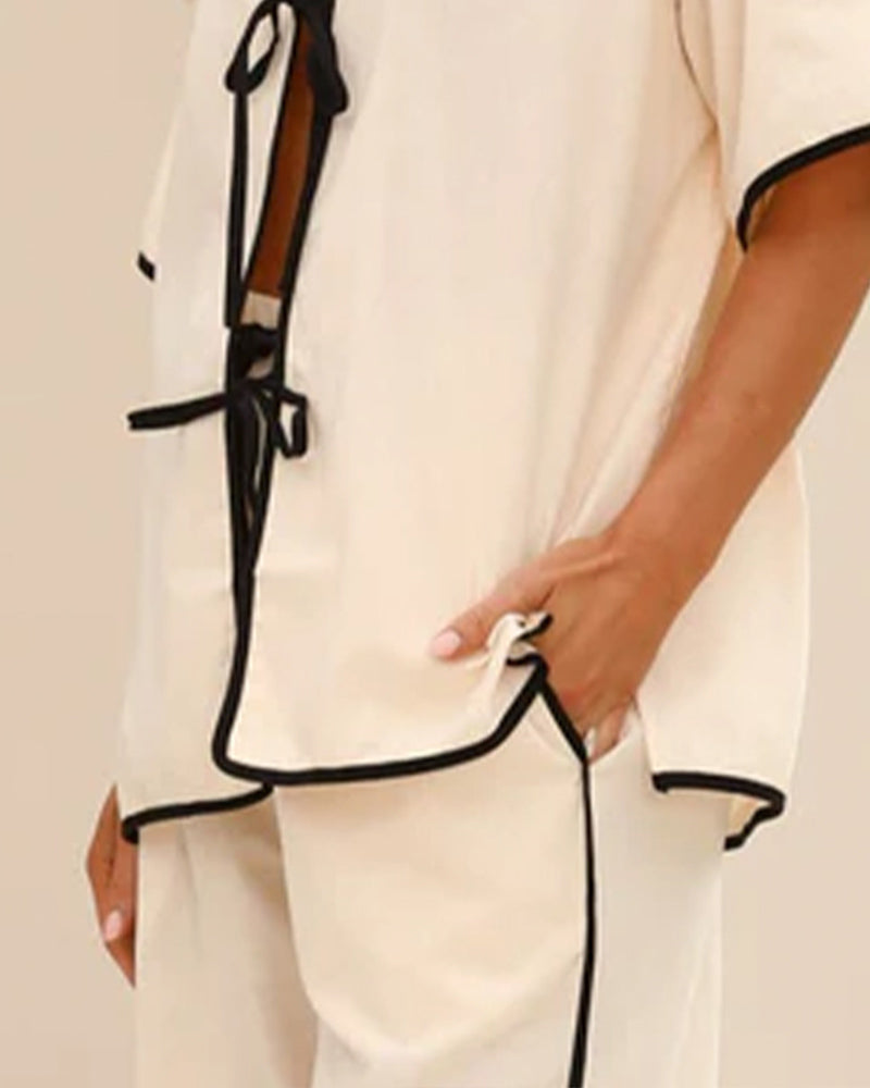 Linen Lace-up Shirt & Shorts Pajamas Sets Avidlove-Pajamas Sets - Tophatter Daily Deals