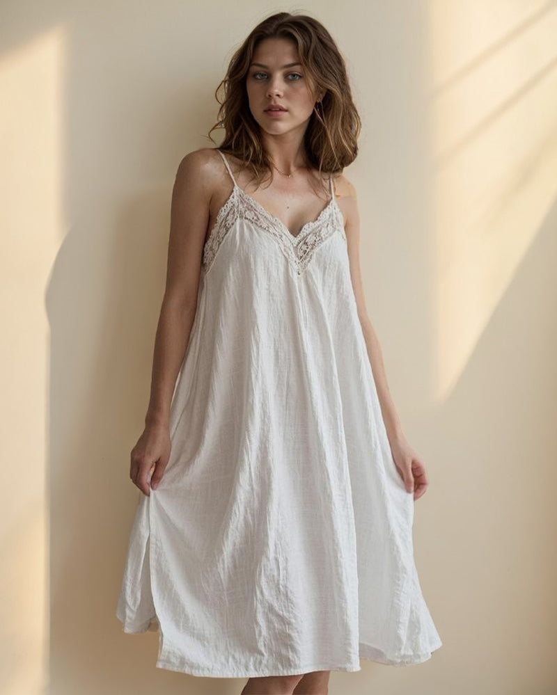 Cotton Linen Straps Lace Slit Nightdress Avidlove-Dresses - Tophatter Daily Deals