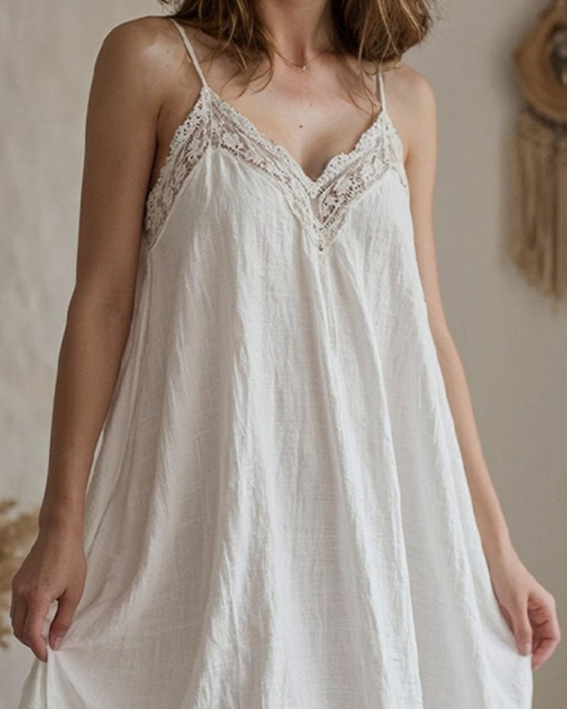 Cotton Linen Straps Lace Slit Nightdress Avidlove-Dresses - Tophatter Daily Deals