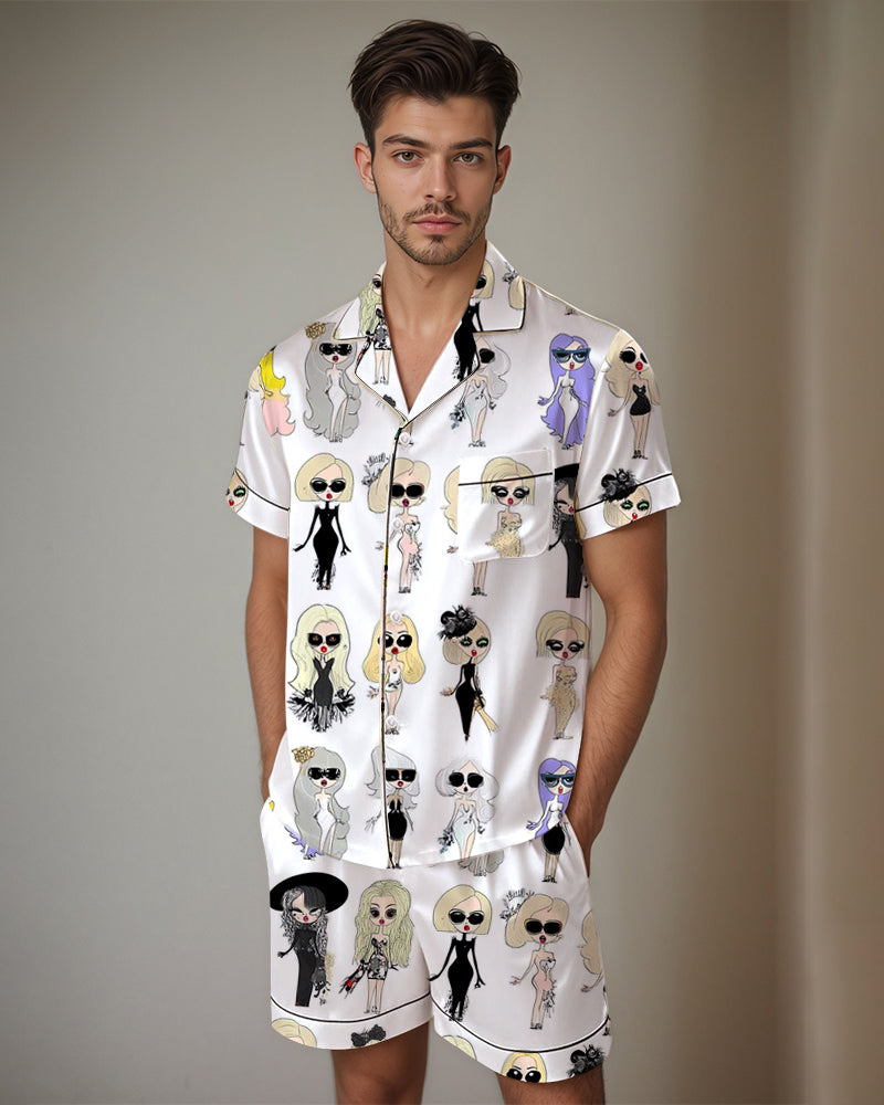 Men Retro Graffiti Cartoon Pattern Satin Pajama Set Avidlove-Nightgown - Tophatter Daily Deals