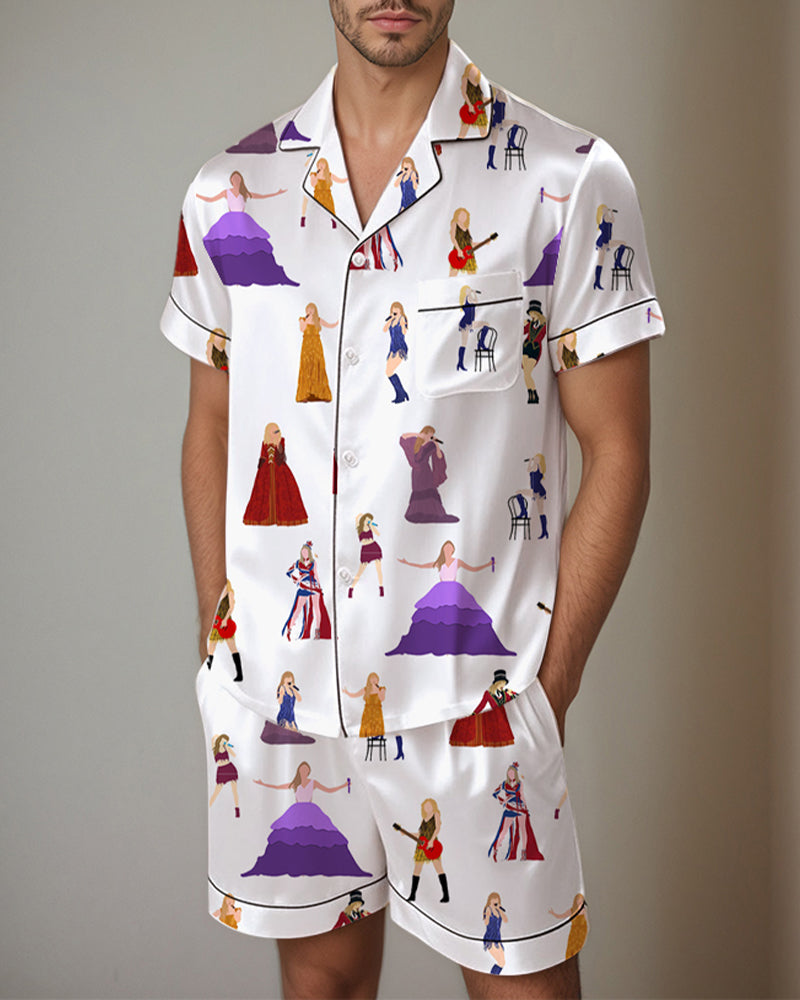 Men Retro Graffiti Cartoon Pattern Satin Pajama Set PAT2 Avidlove-Nightgown - Tophatter Daily Deals