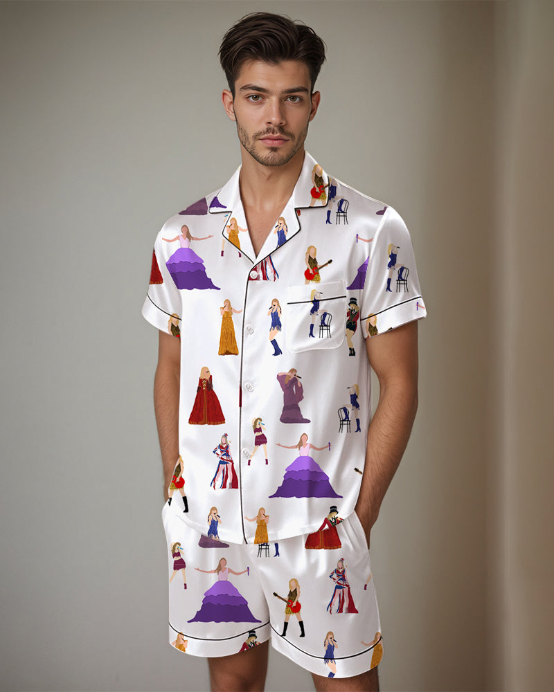 Men Retro Graffiti Cartoon Pattern Satin Pajama Set Avidlove-Nightgown - Tophatter Daily Deals