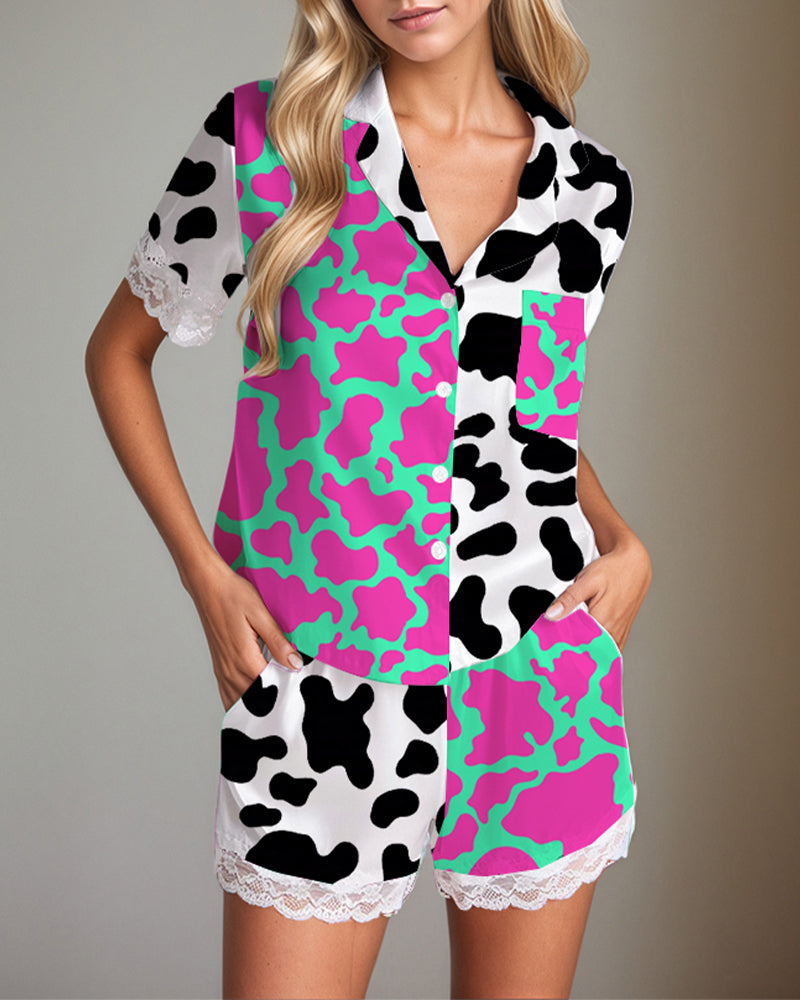Women Black Cow Print Satin Pajama Set PAT3 Avidlove-Nightgown - Tophatter Daily Deals