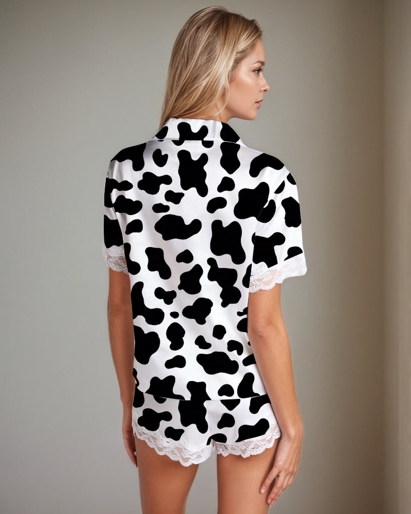 Women Black Cow Print Satin Pajama Set Avidlove-Nightgown - Tophatter Daily Deals