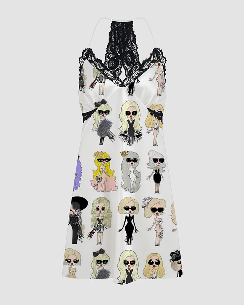 Women Retro Graffiti Cartoon Pattern Satin Suspender Pajamas Avidlove-Nightgown - Tophatter Daily Deals