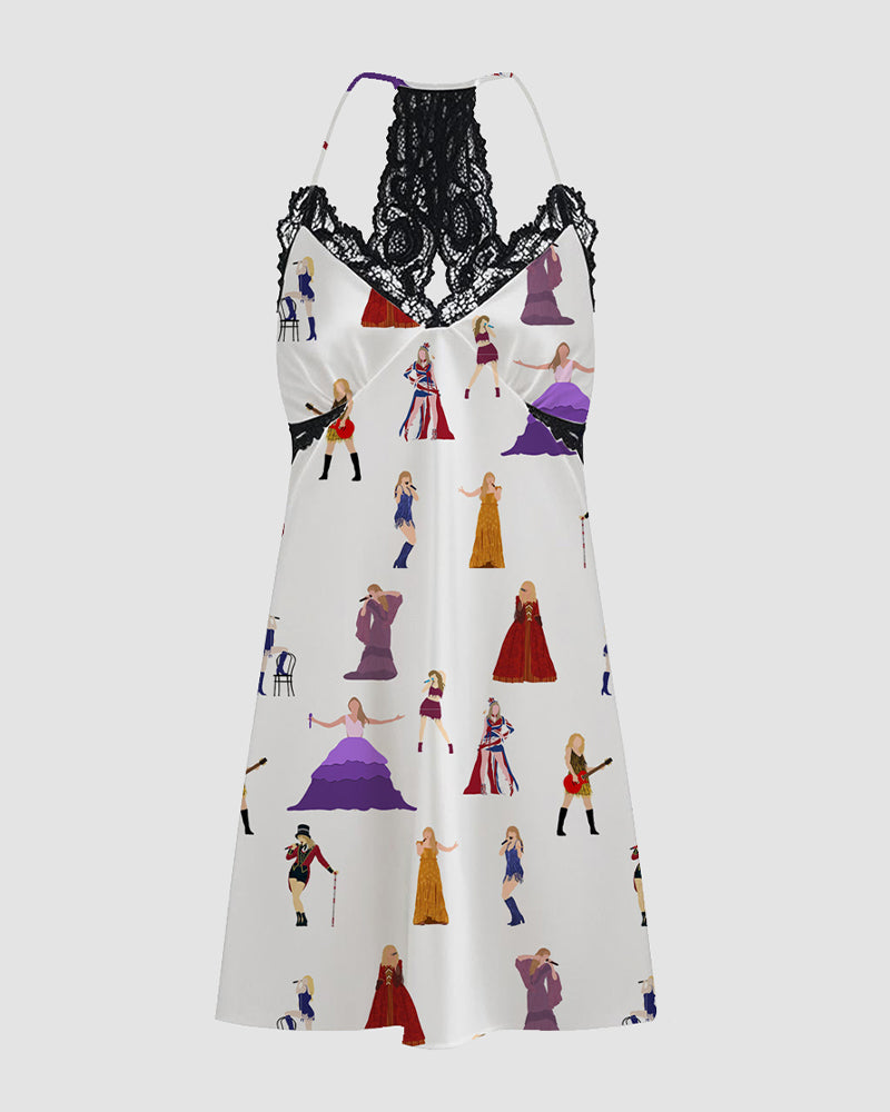 Women Retro Graffiti Cartoon Pattern Satin Suspender Pajamas Avidlove-Nightgown - Tophatter Daily Deals