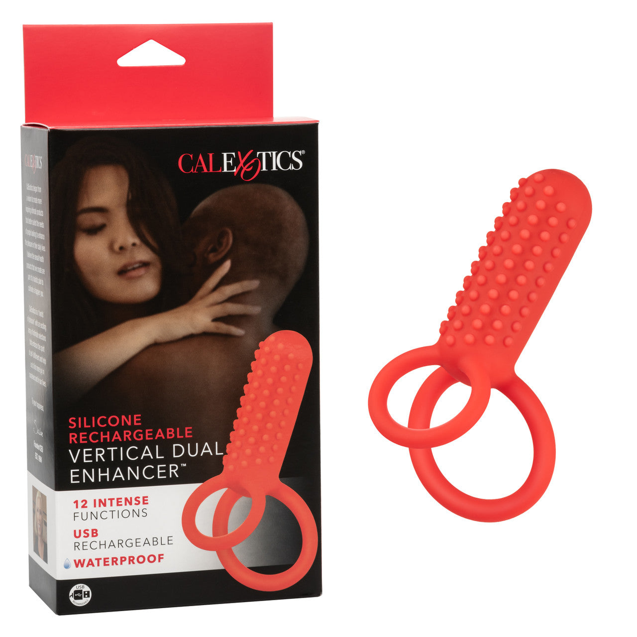 CalExotics Silicone Vertical Dual Enhancer Red Waterproof with 12 Intense Vibration Functions > Cock Ring > Vibrating - Tophatter Daily Deals