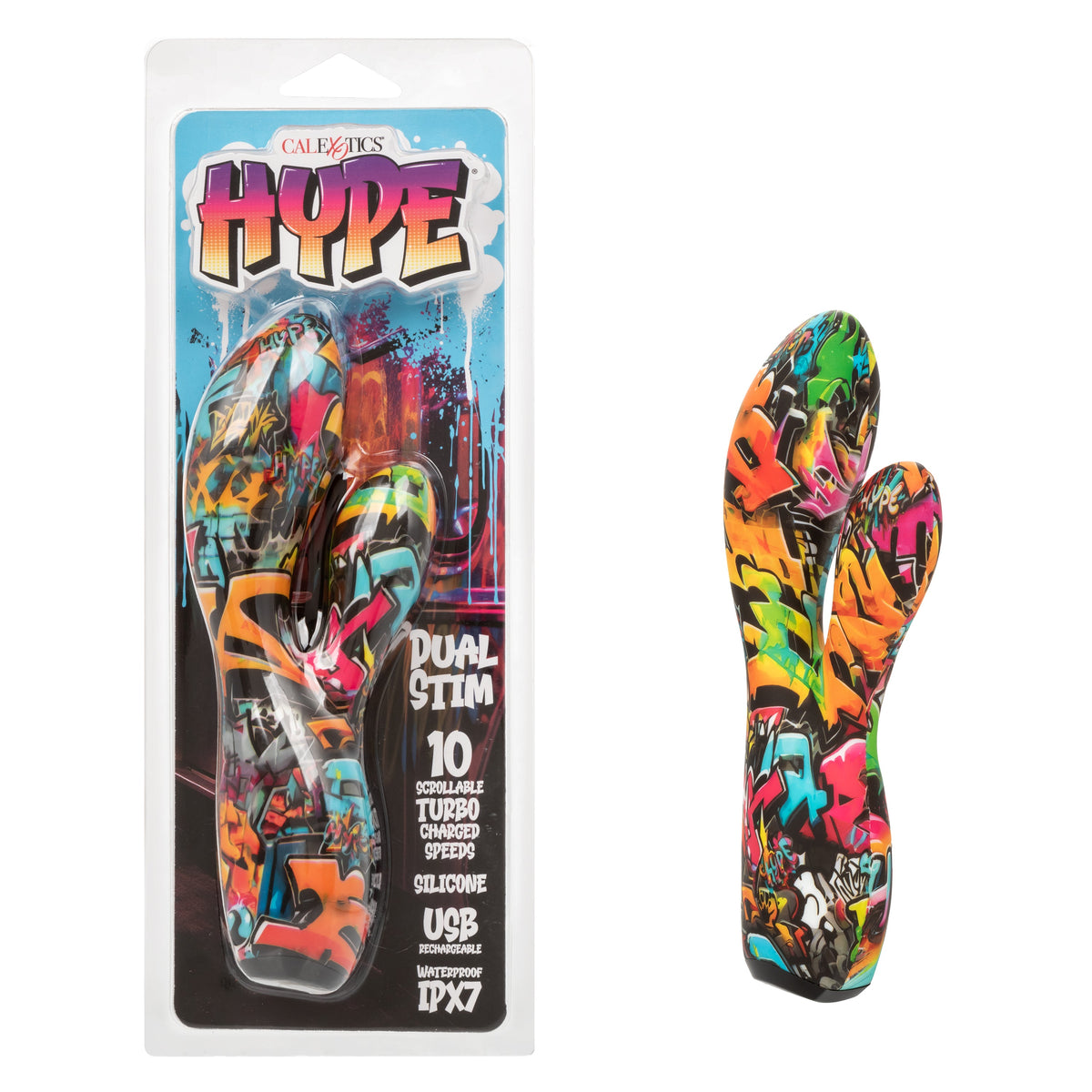 Hype Dual Stim Waterproof Silicone Massager with 10 Turbo Charged Speeds in Colorful Graffiti Design > Vibrators > Ladies > Rabbit - Tophatter Daily Deals