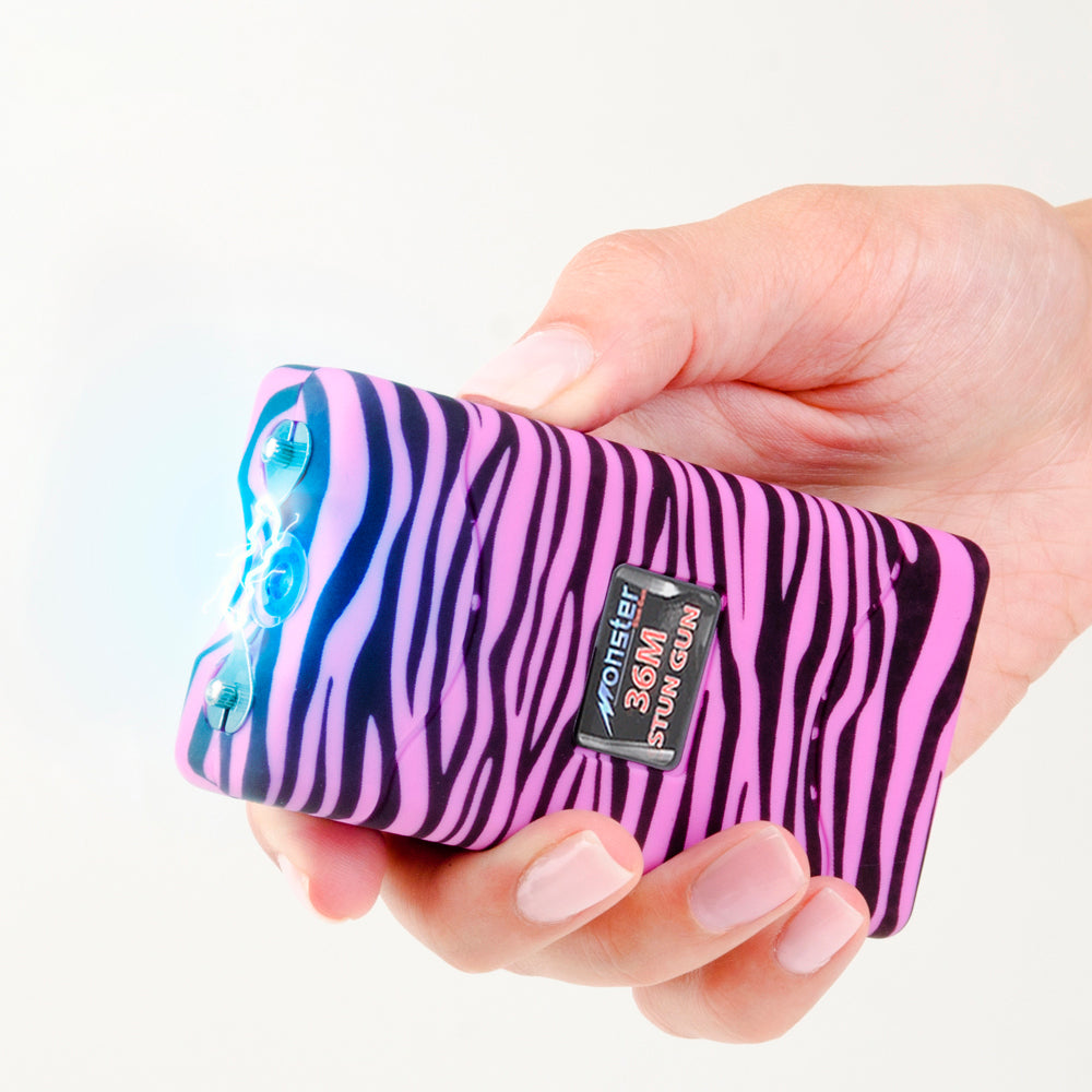 Zebra Pink/Black Monster 36 Million Volt Rechargeable Stun Gun - LED Light Collectible Weapons - Tophatter Daily Deals