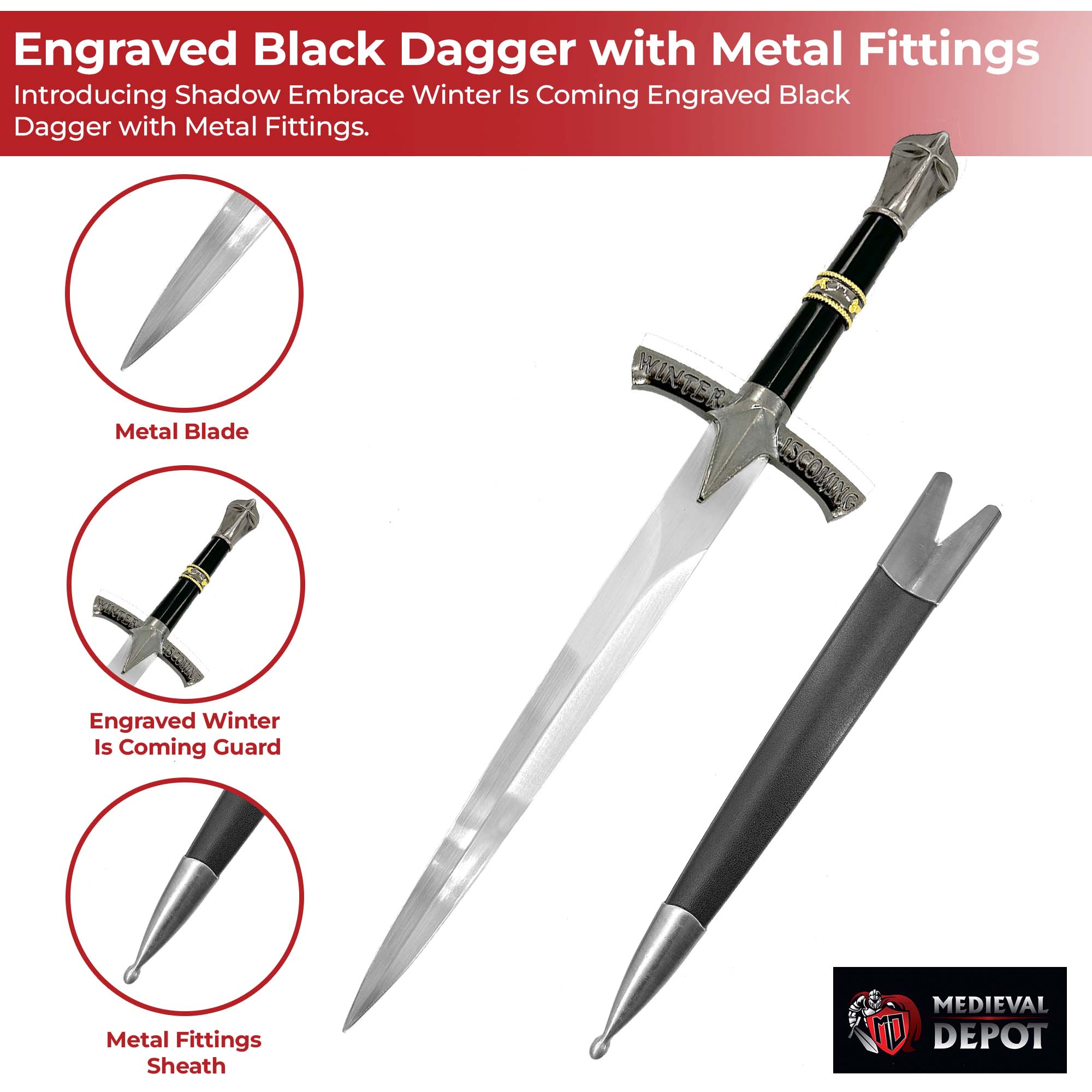 Shadow Embrace Winter Is Coming Engraved Black Dagger with Metal Fittings Dagger - Tophatter Daily Deals