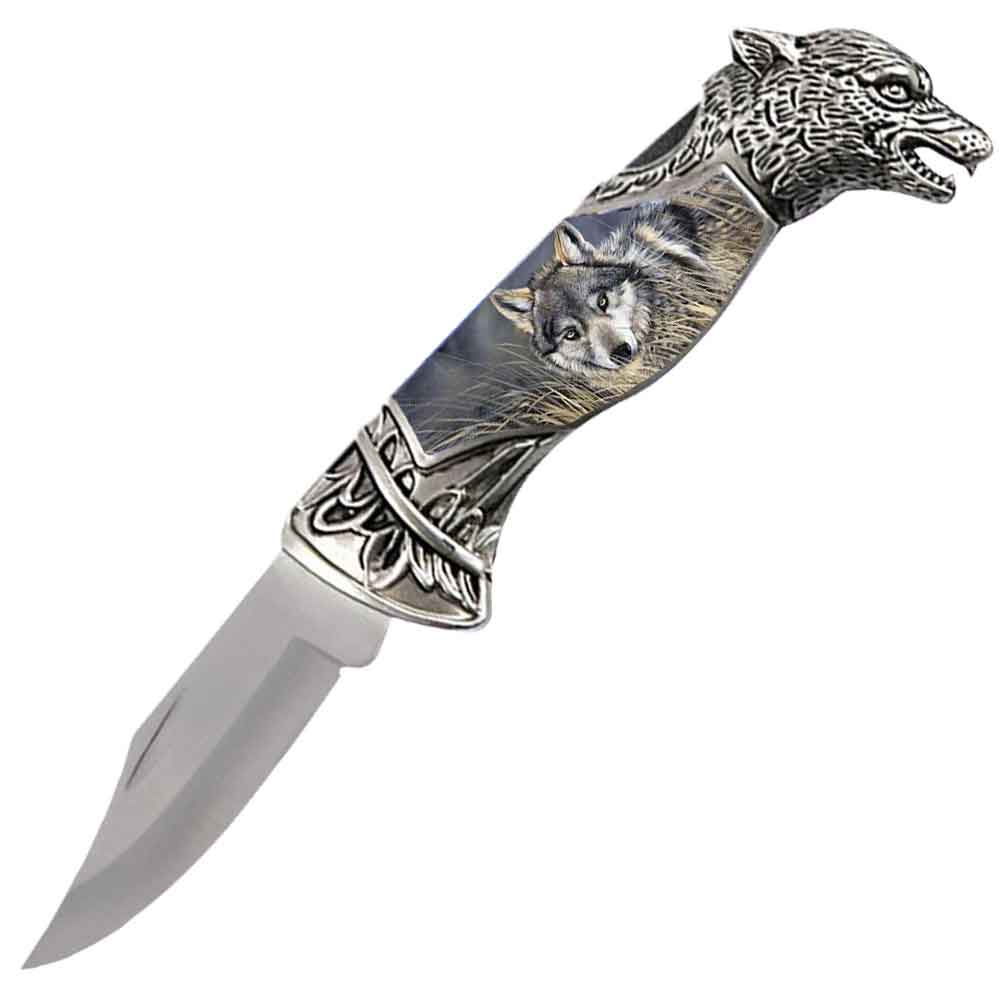 8" Overall Wolf Head Lockback Folding Pocket Knife in a Gift Box Style-6 - Tophatter's Guns'N'Weapons Store Collectible Weapons - Tophatter Daily Deals