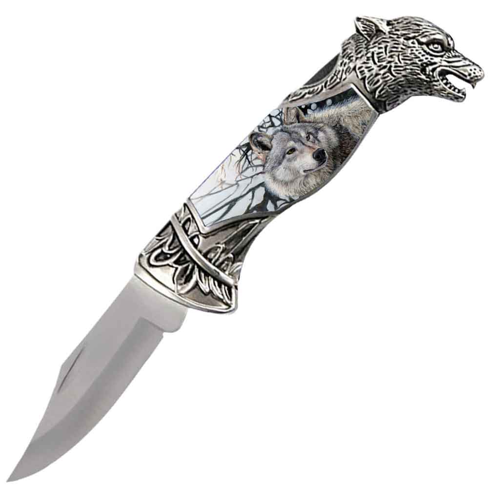 8" Overall Wolf Head Lockback Folding Pocket Knife in a Gift Box Style-7 Collectible Weapons - Tophatter Daily Deals