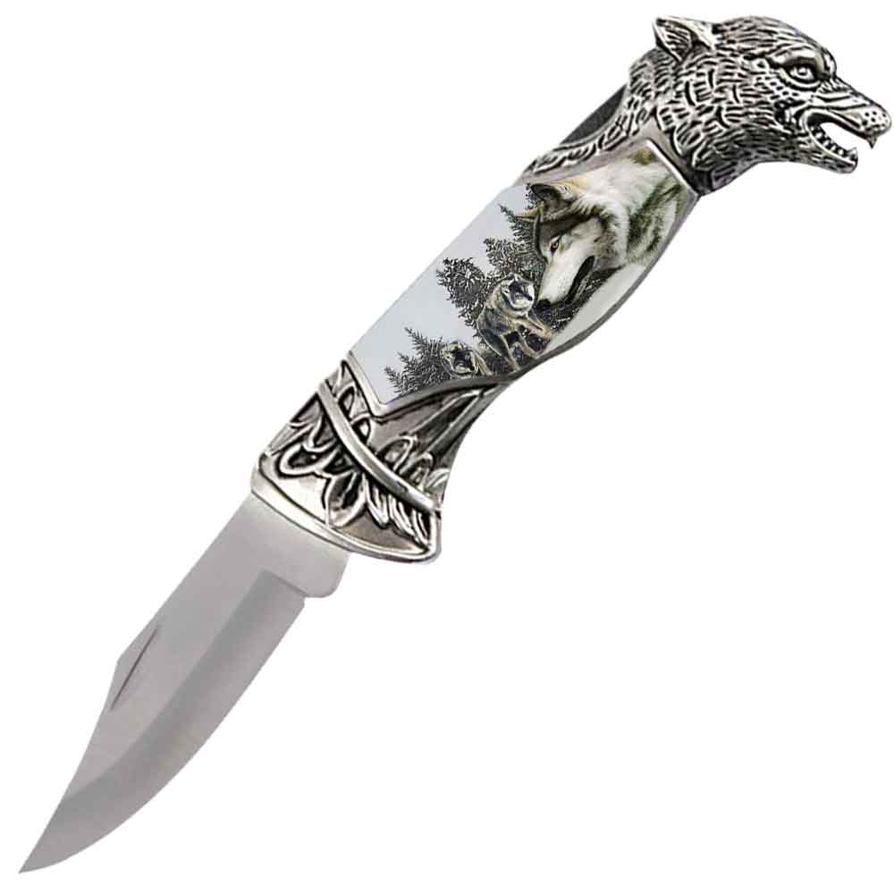 8" Overall Wolf Head Lockback Folding Pocket Knife in a Gift Box Style-8 - TOPHATTER'S ARMORY DEALS Collectible Weapons - Tophatter Daily Deals