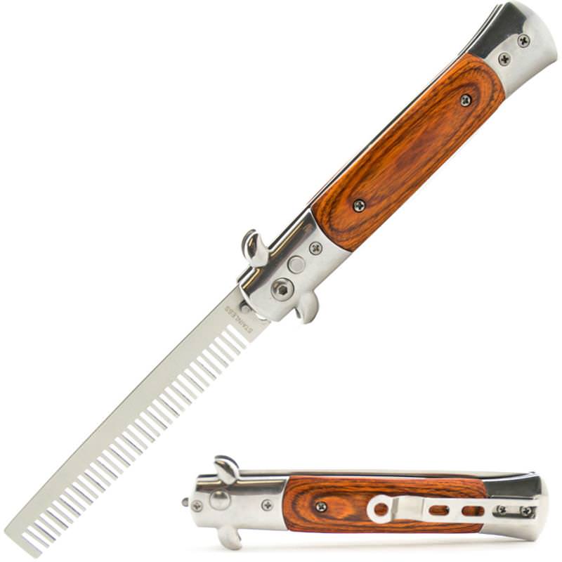 Automatic Push Button Folding Comb Switchblade Knife Wood Handle - Tophatter's Guns'N'Weapons Store Collectible Weapons - Tophatter Daily Deals