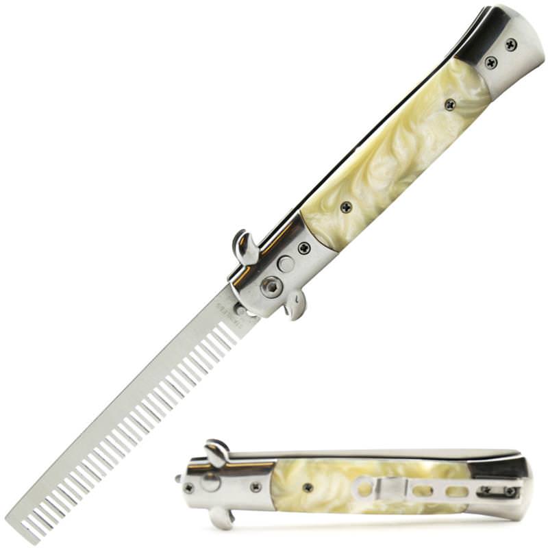 Automatic Push Button Folding Comb Switchblade Knife White Pearl Handle - Tophatter's Guns'N'Weapons Store Collectible Weapons - Tophatter Daily Deals