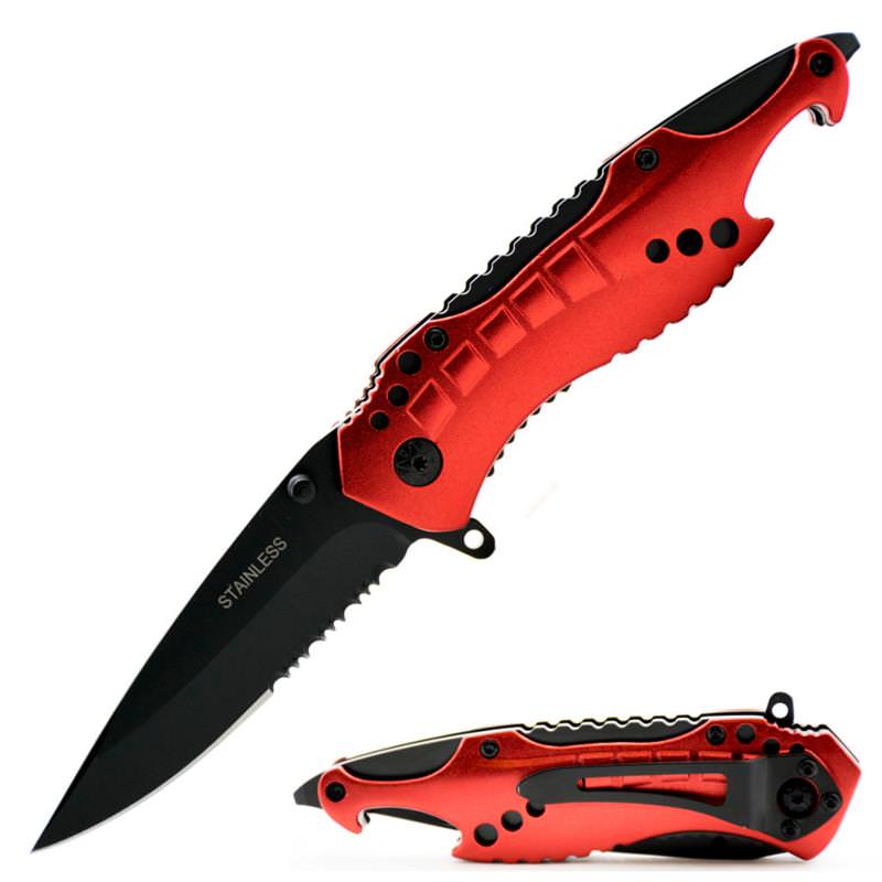 Spring Assist Red Shark Tactical Combo Edge Rescue Knife - TOPHATTER'S ARMORY DEALS Collectible Weapons - Tophatter Daily Deals