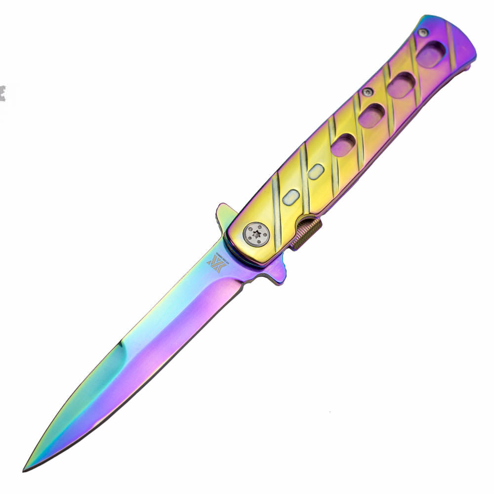 DZS Spring Assisted STILETTO God Father Style Pocket Knife with Clip Rainbow Collectible Weapons - Tophatter Daily Deals