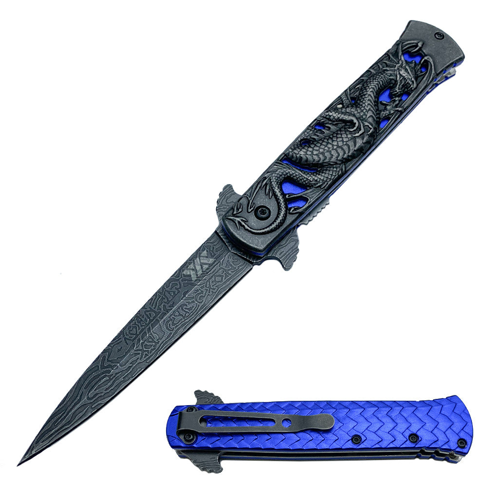 Heavy Duty Blue Fierce Dragon Spring Assisted Knife Damascus Pattern Blade - Tophatter's Inc. Weapons Store Online Collectible Weapons - Tophatter Daily Deals