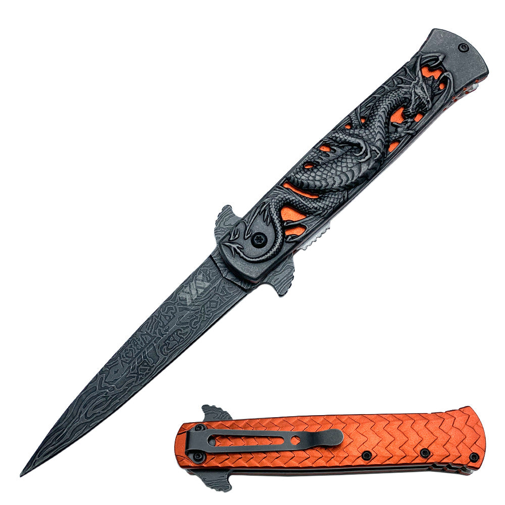 Heavy Duty Fierce Dragon Spring Assisted Knife Damascus Pattern Blade - Tophatter's Inc. Weapons Store Online Collectible Weapons - Tophatter Daily Deals