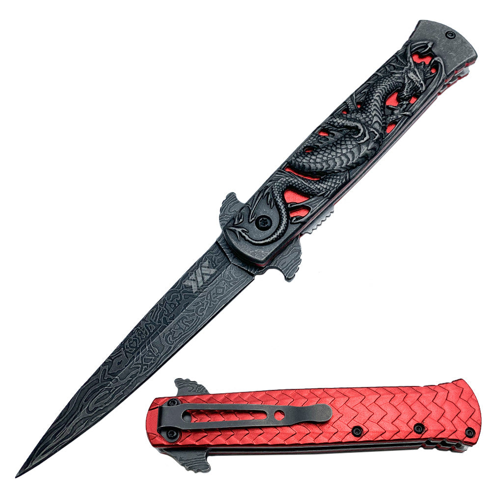 Heavy Duty Red Fierce Dragon Spring Assisted Knife Damascus Pattern Blade - Tophatter's Guns'N'Weapons Store - FREE SHIPPING Collectible Weapons - Tophatter Daily Deals