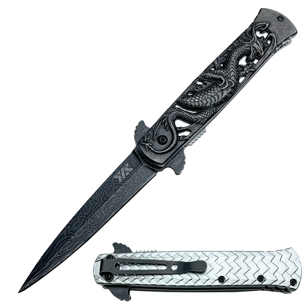 Heavy Duty Fierce Dragon Spring Assist Knife Damascus Pattern Blade - Tophatter's Army Products & Self Defense Collectible Weapons - Tophatter Daily Deals