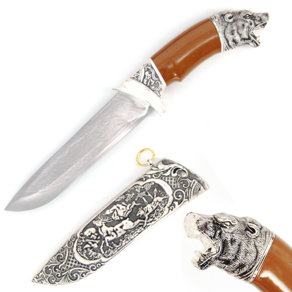 Alaskan Bear Head Dagger Fixed Blade Hunting Knife With Scabbard - TOPHATTER'S ARMORY DEALS Collectible Weapons - Tophatter Daily Deals