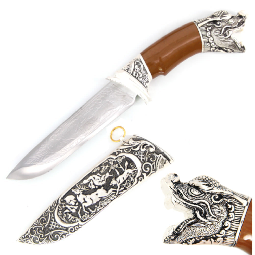 Dragon Head Dagger Fixed Blade Hunting Knife With Scabbard - TOPHATTER'S ARMORY DEALS Collectible Weapons - Tophatter Daily Deals
