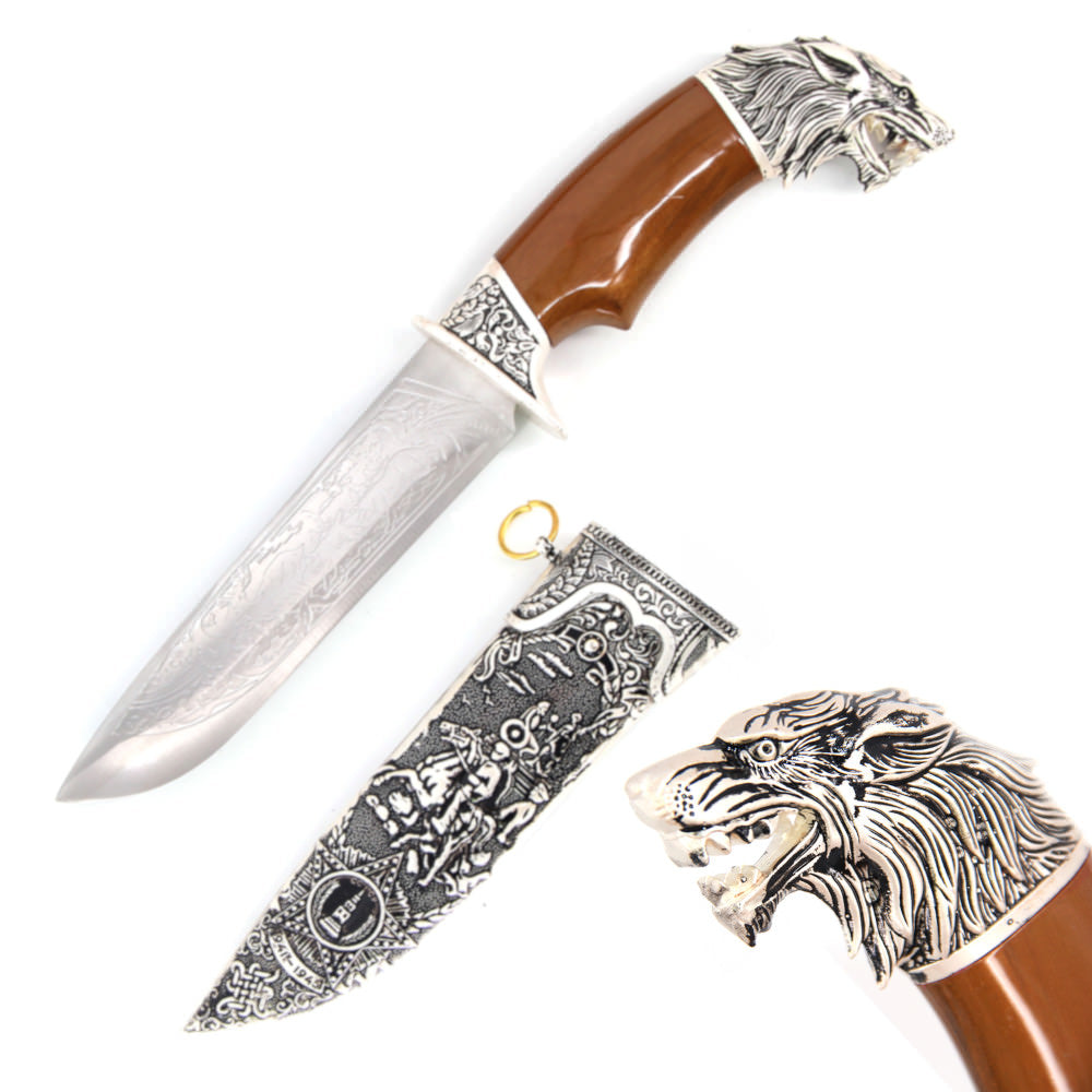 Mountain Wolf Head Dagger Fixed Blade Hunting Knife With Scabbard Collectible Weapons - Tophatter Daily Deals