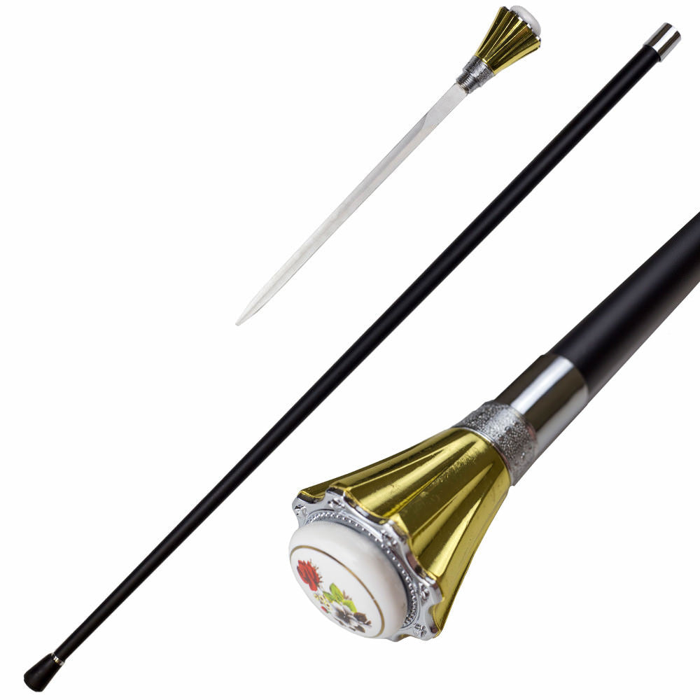 Famille Rose Golden Vase Handle Walking Cane Sword - TOPHATTER'S ARMORY DEALS Collectible Weapons - Tophatter Daily Deals