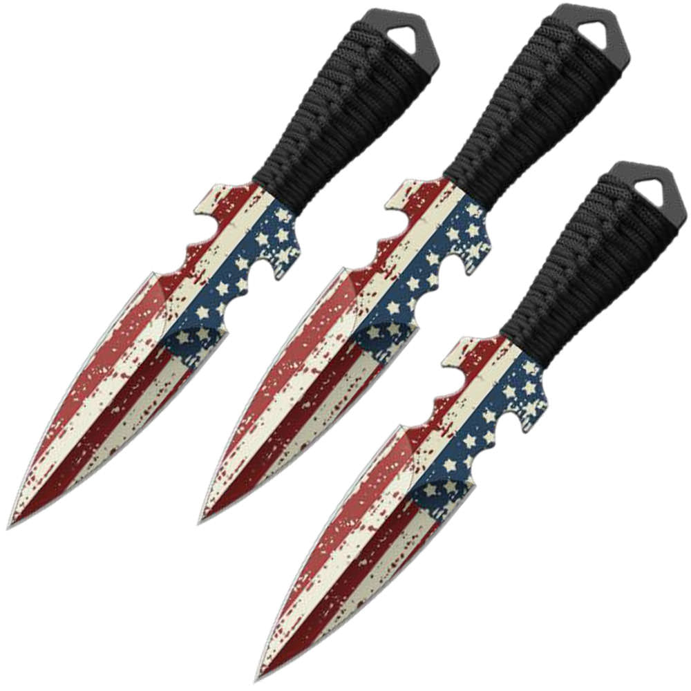 7.5" USA Flag American 3 Piece Throwing Knife Set With Sheath - Tophatter's Guns'N'Weapons Store Collectible Weapons - Tophatter Daily Deals