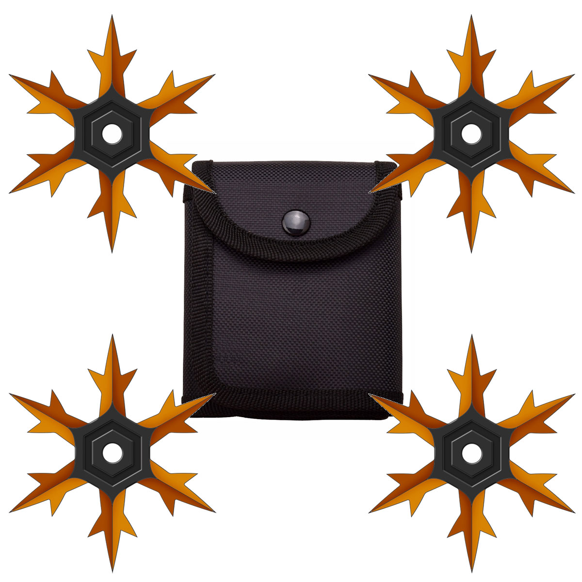 4 Pc Set Orange and Black Finish Six Point Throwing Ninja Stars Snowflake Shurikens - Tophatter's Army Products & Self Defense Collectible Weapons - Tophatter Daily Deals