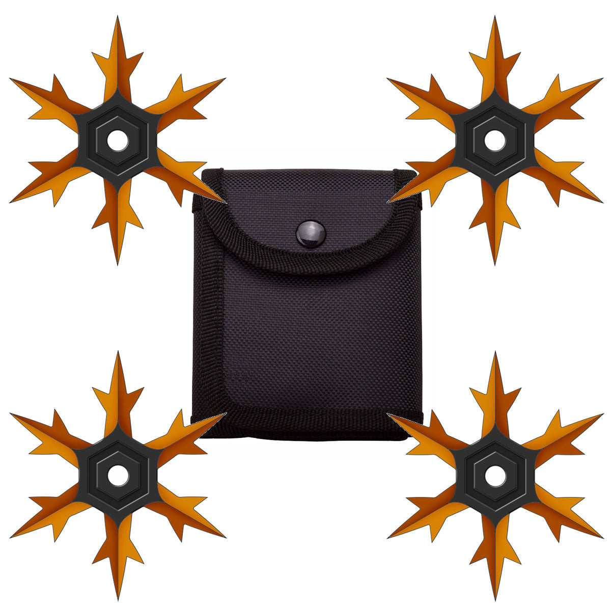 4 Pc Set Orange and Black Finish Six Point Throwing Ninja Stars Snowflake Shurikens - Tophatter's Inc. Weapons Store Online Collectible Weapons - Tophatter Daily Deals
