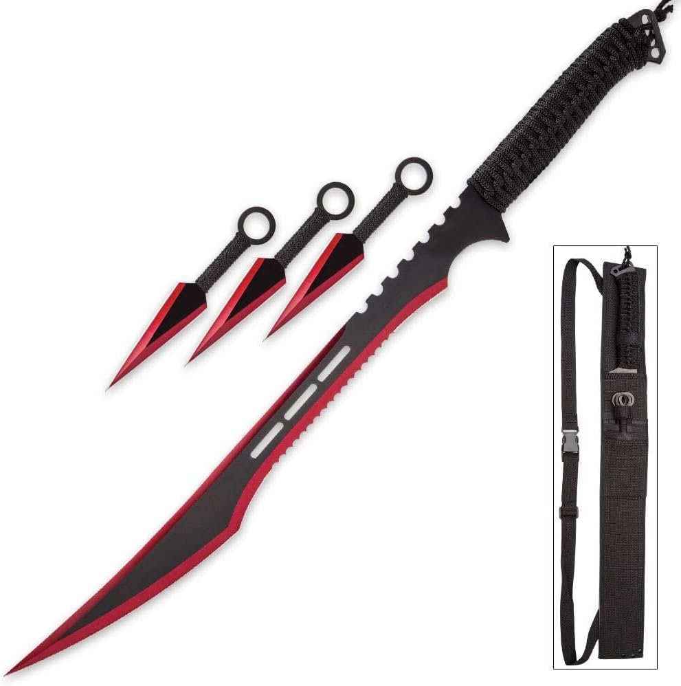 Red Ninja Sword Full Tang Machete Tactical Blade 3 Pcs Kunai Throwing Knife Set - Tophatter's Guns'N'Weapons Store Collectible Weapons - Tophatter Daily Deals