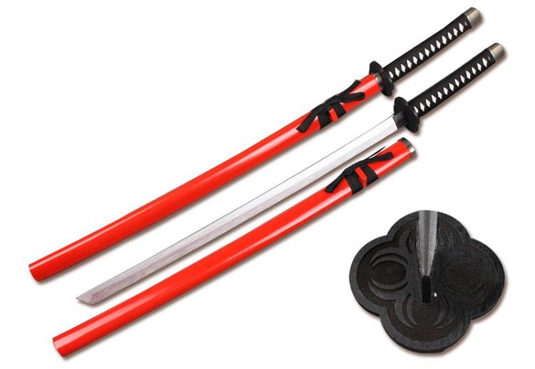 Red Zombie Wooden Samurai Katana Sword with Scabbard Cosplay Weapon Collectible Weapons - Tophatter Daily Deals